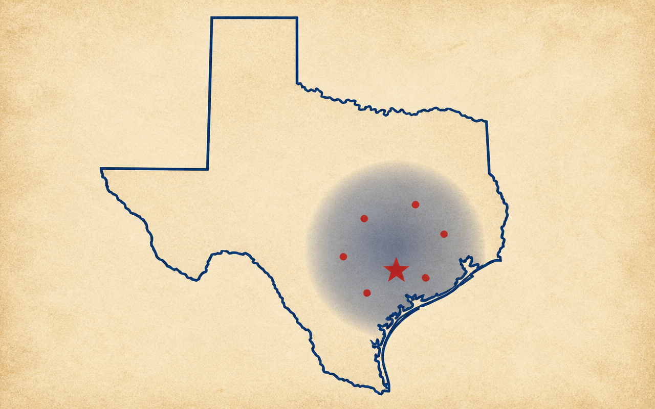 Map of Texas showing the Texan Plumbing Pros service radius covering Bellville, Katy, Houston, Spring, Sugar Land, Tomball and surrounding Greater Houston communities